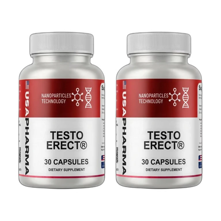 TestoErect capsule supplement bottles supporting male vitality, energy and performance